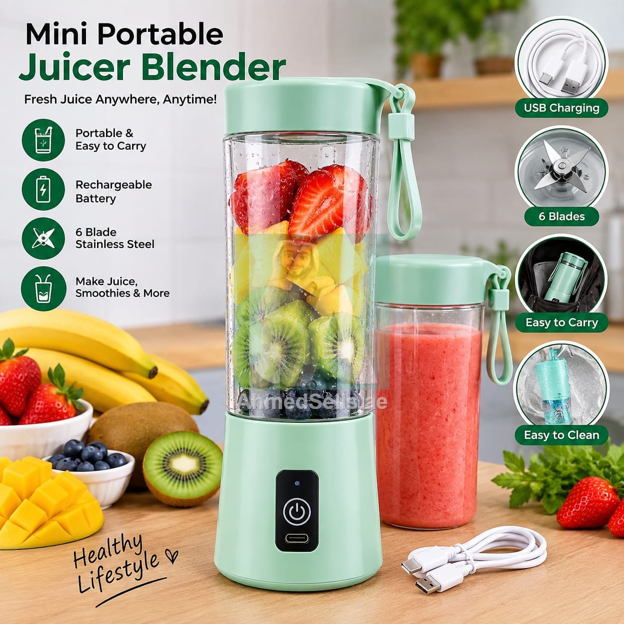 Mini USB Rechargeable Juicer Blender – Portable 4-Blade Fruit & Juice Maker